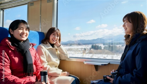 雪景色の車窓を眺めながら鉄道の旅を楽しむ日本人女性3人