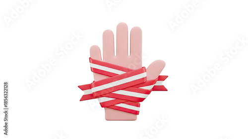 3D Hand Wrapped with Red and White Ribbon on transparent background
