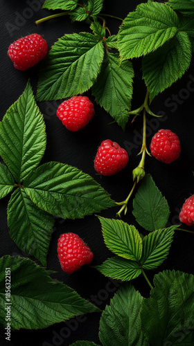 Wallpaper Mural Fresh raspberries and green leaves arranged on a dark surface Torontodigital.ca