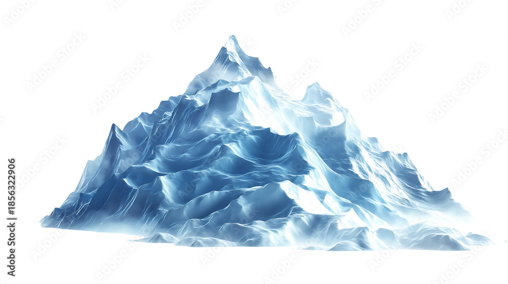 Obraz premium Abstract rendering of a jagged, crystalline ice mountain mass illuminated by brilliant cold light against a transparent background for dramatic effect