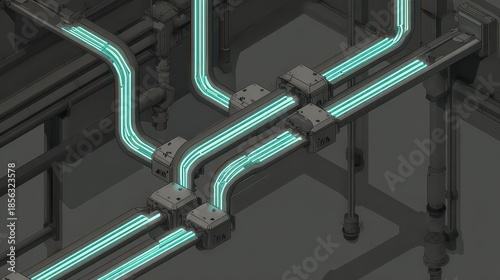 Isometric Perspective of Networked Pipes and Connectors Displaying Glowing Teal Lines on Dark Gray Background