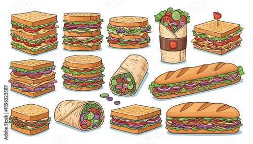 Collection of delicious assorted illustrated sandwiches wraps and submarine sandwiches ready to eat