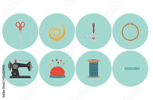 ハンドメイドを彩るソーイングツールのアイコン：ミシン、はさみ、刺繍枠