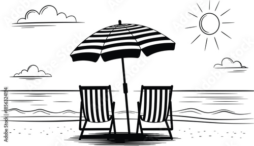 Detailed Woodcut Vector Illustration of a Sunny Beach Shoreline Featuring Two Striped Lounge Chairs Under a Large Parasol with a Radiant Sun Above.