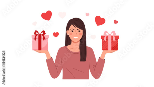 Woman holding gifts with hearts