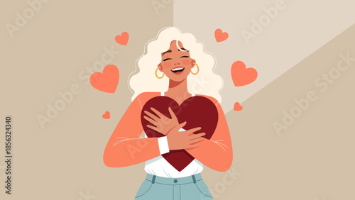 Woman embracing heart, Self love concept Valentine