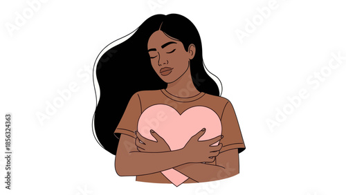 Woman embracing heart shape, Self love concept Valentine