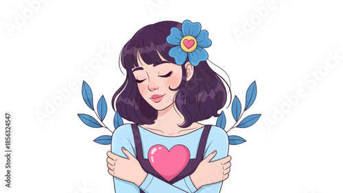 Self-Love: Woman Embracing with Heart and Flower