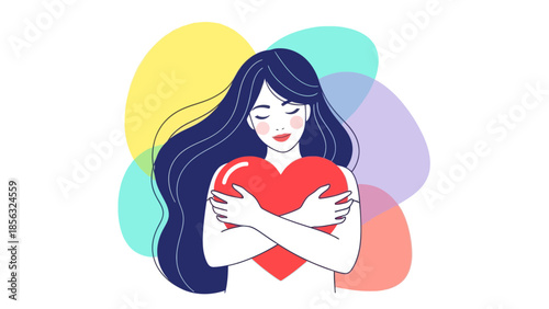 Self-love: Woman embracing heart, Valentine's Day