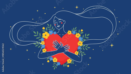 Self-Love: Woman Embracing Heart with Flowers