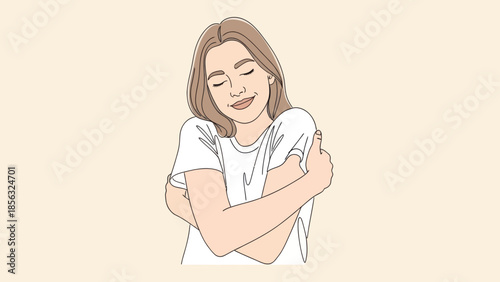 Self-Love Embrace: Happy Woman Hugging Herself