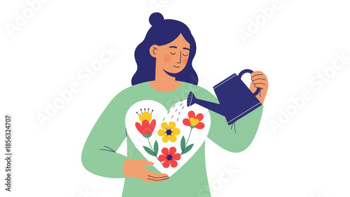 Self-Care: Woman Watering Heart with Flowers