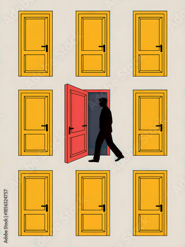 Silhouette Figure Jumping Through Yellow and Red Doors - Exploring Choices and Opportunities in Minimalist Vector Graphic Design