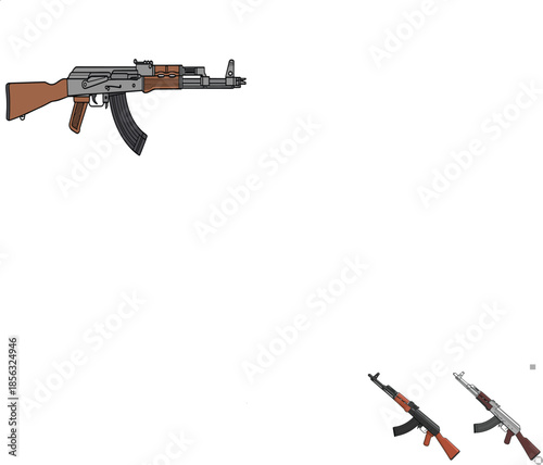 A Detailed Technical Vector Illustration of a Classic Assault Rifle Featuring a Grey Metal Receiver and Rich Wood-Grain Furniture Isolated on White.