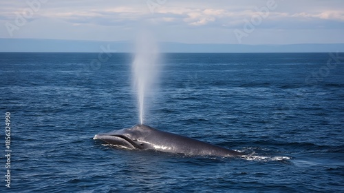 Majestic whale exhaling forcefully spouting water high into the air from its blowhole in the vast blue ocean