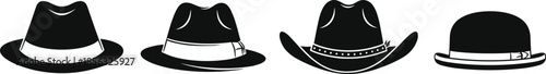 Hat silhouette icon set featuring fedora, cowboy, and classic headwear styles for fashion and vintage design themes
