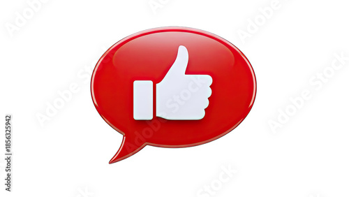 3D Red speech bubble with white thumbs up icon on transparent background