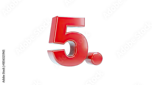 3D Red Number 5 with glossy finish on transparent background