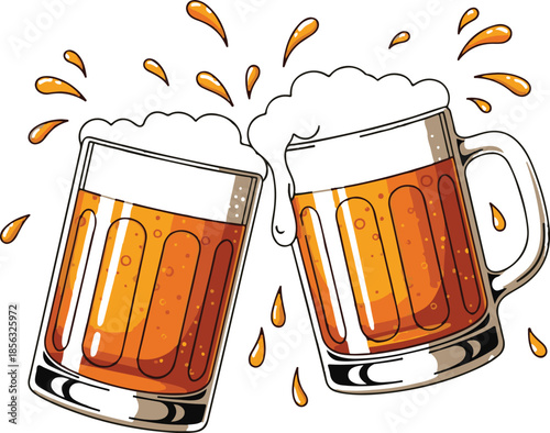 Two Clinking Beer Mugs with Foam and Splash Effects