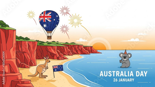 Australian wildlife and iconic landmarks celebrate australia day on january 26 with fireworks and patriotic symbols