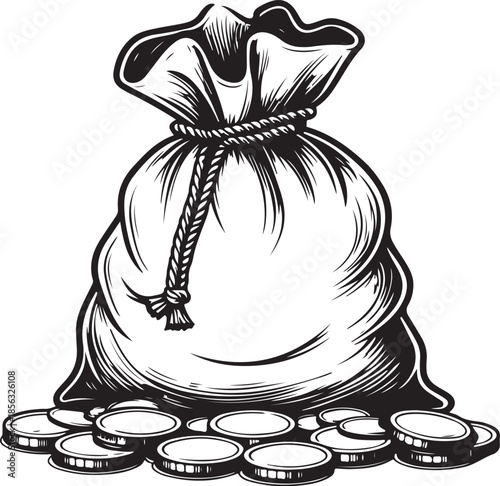 Sack of Money, Budget Hand-drawn Sketch Drawing Vector Illustration, Line Linear Symbol Engraving Coloring Book, Black and White Isolated