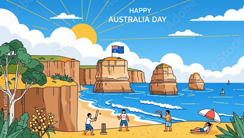 Happy australia day at iconic twelve apostles limestone stack formation, sunny beach scene with people playing cricket, swimming, and relaxing under an umbrella