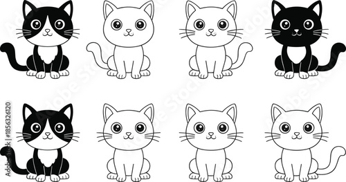 Cute cat cartoon icon set featuring playful kitten characters in black and white outline style