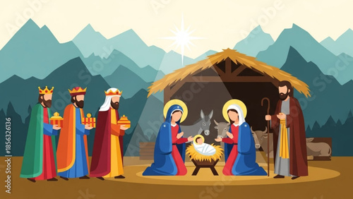 Nativity scene with holy family, three wise men, and shepherd, colorful illustration, christmas, biblical, mountain background