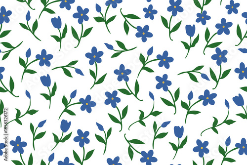 A fresh seamless floral pattern featuring blue flowers and green leaves on a white background, creating a clean, cheerful botanical design perfect for textiles and decor.