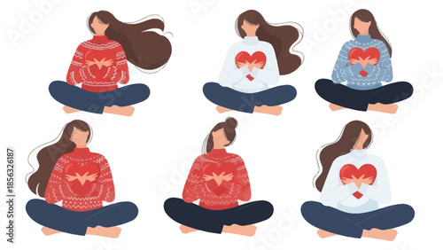 Girls in sweaters holding heart. Valentine