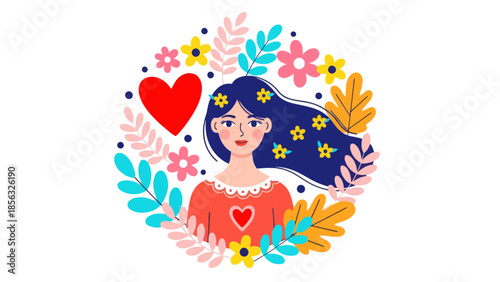 Girl with flowers. Self love Valentine concept