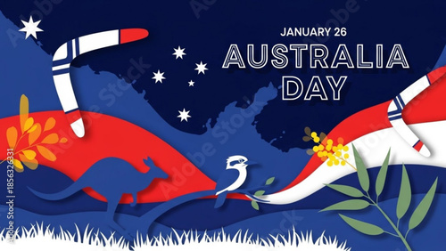 Australia day january 26th celebration with boomerangs, kangaroo, and australian flag elements