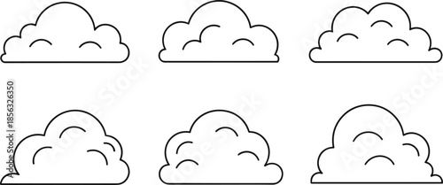 Cloud outline icon set featuring simple sky clouds for weather apps, forecasts, storage, and minimal UI design
