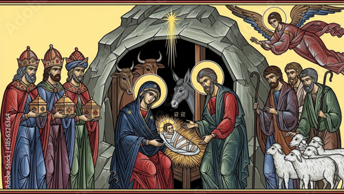 Nativity scene with mary, joseph, jesus, angels, shepherds, kings, and animals in a colorful illustration