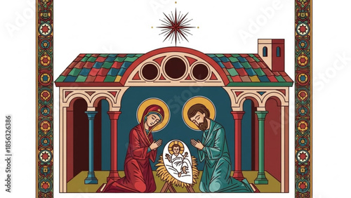 Nativity scene with mary, joseph, and baby jesus in a colorful, ornate manger with a star above, symbolizing the holy family and christmas