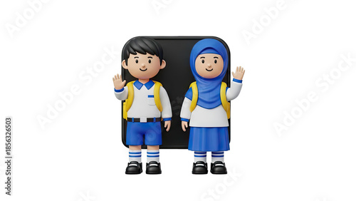 3D Children waving hello wearing school uniform with backpacks on transparent background