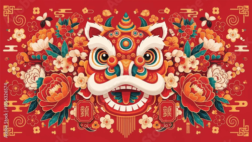 Vibrant traditional Chinese lion dance mask surrounded by floral patterns and cultural symbols on a red background