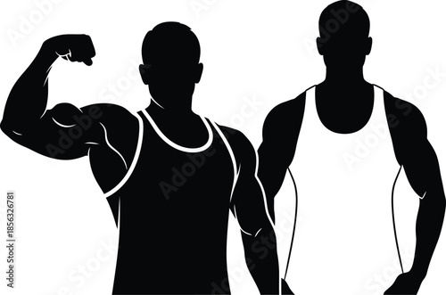 Silhouettes of Muscular Men Flexing Arms in White Tank Tops