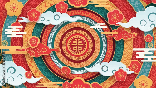 Vibrant Cultural Pattern with Concentric Circles and Clouds Illustration