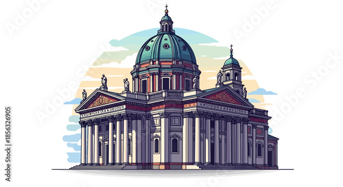 Striking Architectural Illustration of a Grand Cathedral with a Domed Roof