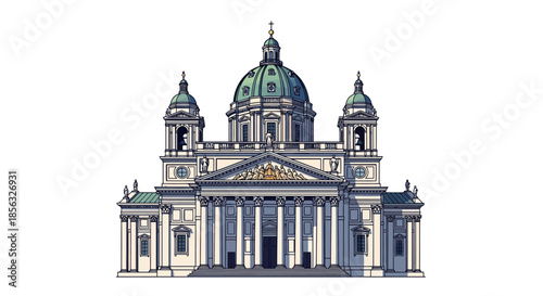 Majestic European Cathedral Illustration featuring a Prominent Green Dome and Classical Architecture, showcasin intricate detailing and a grand facade perfect for historical and travel-themed designs