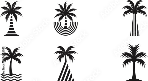 Palm tree silhouette icon set featuring tropical plants, summer vibes, beach scenery, and exotic nature symbols