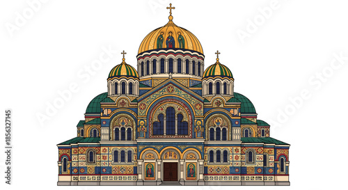 Grand and intricately designed Orthodox church building, adorned with shimmering golden domes and vibrant mosaic patterns, standing as a majestic symbol of faith, history, and rich cultural heritage