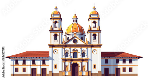 Beautifully illustrated colonial-style church with iconic domes and towers