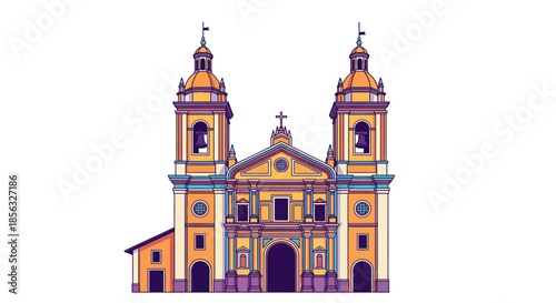 Colorful vector illustration depicting a grand historical church with impressive twin towers, an iconic architectural landmark representing spiritual and cultural heritage