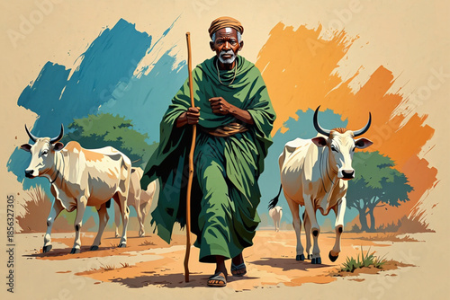 Elderly man in traditional green robe guiding his cattle along a dusty path under an artistic sky