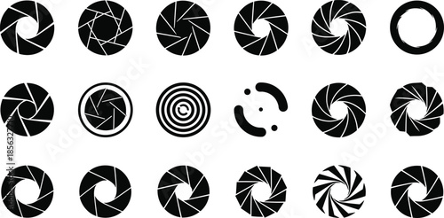Camera shutter and aperture icon set featuring photography symbols, lens blades, focus elements, and optical design shapes