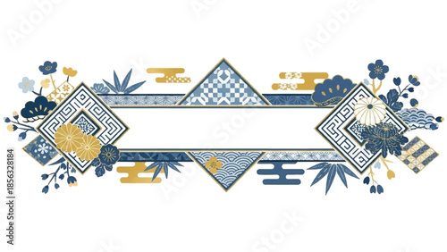 Decorative border with geometric shapes and floral elements in blue and gold tones