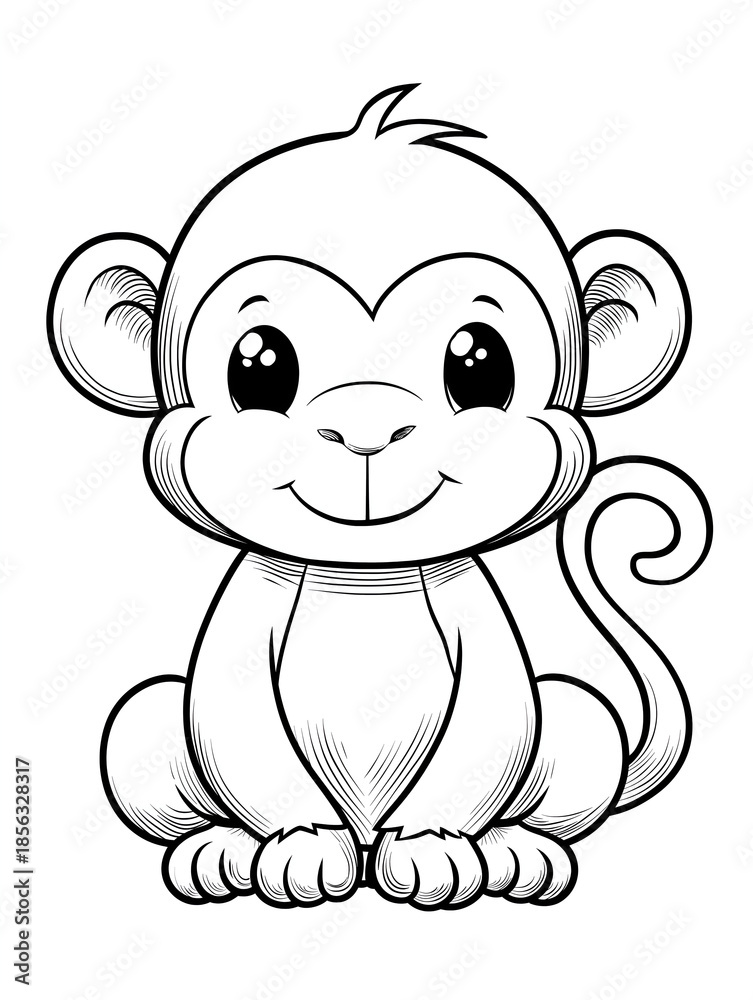Obraz premium Cute and playful cartoon monkey illustration perfect for children's coloring books and educational materials.