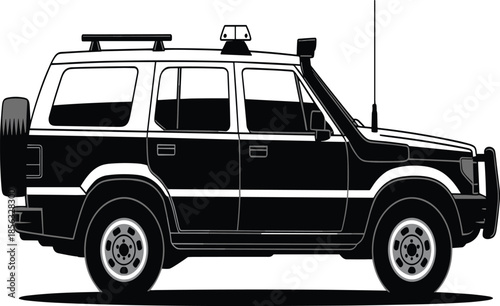 Detailed High-Contrast Side-View Illustration of a Rugged Off-Road SUV Featuring a Roof Rack, Snorkel Intake, Front Bull Bar, and Spare Tire Carrier.